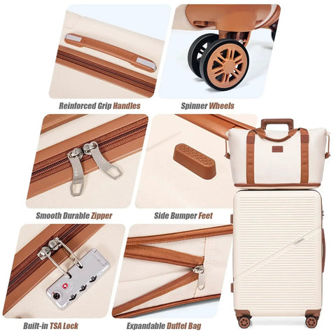 Close-up collage of features from Five Piece ABS Luggage Set With Spinner Wheels and TSA Lock; includes zippers, spinner wheels, and TSA lock.