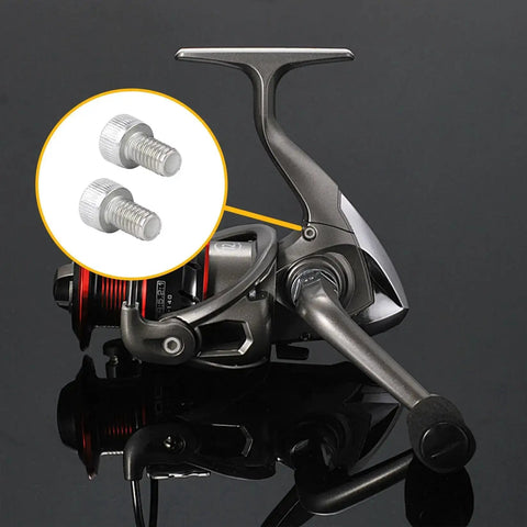 Close-up of a fishing reel with an inset showing Heavy Duty M2.5 Screws Nuts And Washers Set In Stainless Steel.