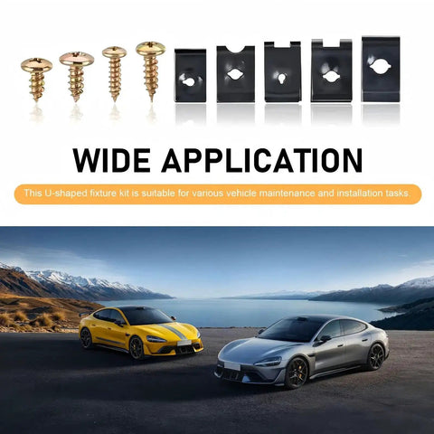 170 Piece Car U Clips And Screw Kit With 9 Sizes Universal Auto Fasteners showing screws and U-clips with cars in background