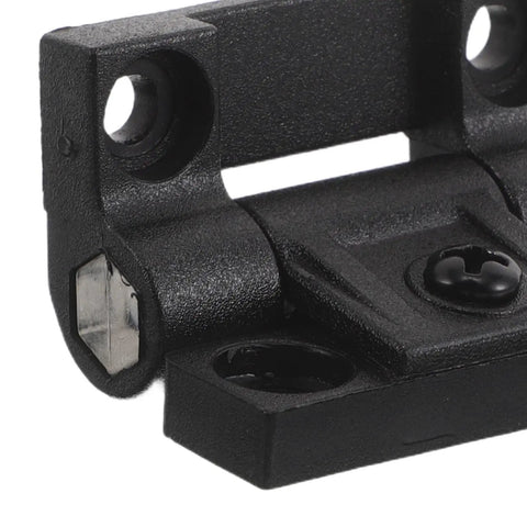Close-up of durable plastic cabinet door hinge with 90 degree torque ball bearing positioning, friction type by Levemolo.