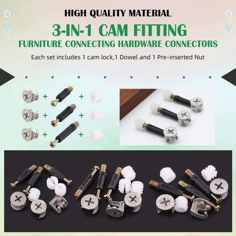 Product image showing 270 Piece 3 In 1 Cam Lock Nuts And Wood Dowel Pins Set For Cabinets Drawers Wardrobes And Furniture Panels Includes Connectors Nuts Bolts Screws And Fasteners In Silver.