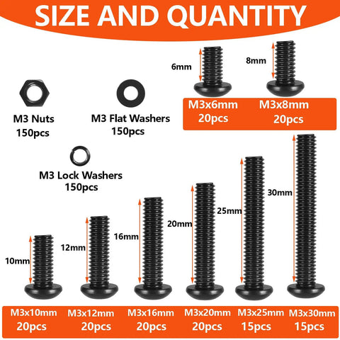 600 Piece M3 Screw Assortment Kit For 3D Printer DIY With 8 Sizes Ranging 6mm To 30mm Button Head Socket Cap Screws Hex Nuts