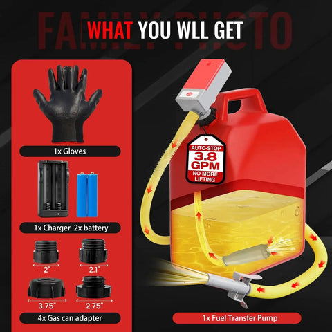 Contents of Battery Powered Fuel Transfer Pump 3.8 GPM Auto Stop 51 Inch Hose For Gasoline, including gloves and adapters