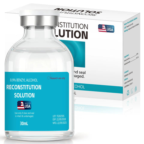 Clear glass reconstitution solution bottle with blue label, 30 mL, 0.9% benzyl alcohol, research use only