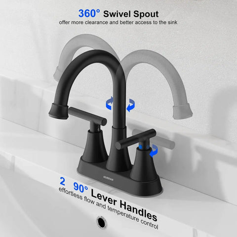 Side view of a 4 Inch Centerset Matte Black Bathroom Faucet With Pop Up Drain And Two Hoses installed on a white sink.