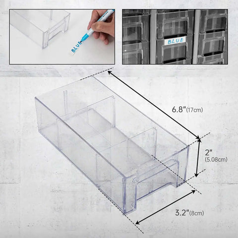 Close-up of clear PS drawer with dimensions for Heavy Duty 24 Drawer Metal Parts Cabinet With Clear PS Drawers Bolt And Nut Organizer.