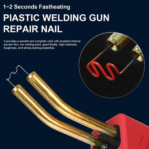 Close-up of plastic welding gun repair nail with Dual Size Wave Shape Plastic Welding Staples Set for ABS bumper repairs.