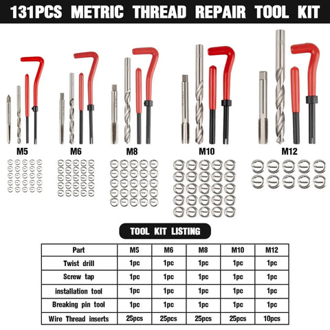 Helicoil Thread Repair Kit 131Piece Metric Set For M5 M6 M8 M10 M12 Automotive, showing components and tool layout.