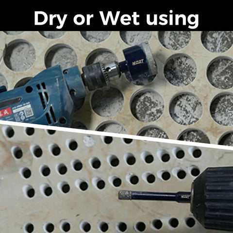 Two Pack Diamond Core Drill Bits Six Millimeter One Quarter Inch Diameter For Porcelain Ceramic Tile Marble Brick With Vacuum Brazed Five Eighths Inch Thread For Angle Grinders And Wet Polishers Tile Hole Saw Kit in use on tile
