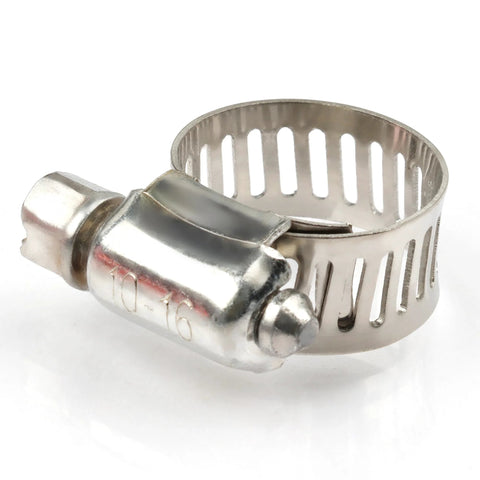 Stainless steel hose clamp with screw, slotted band, adjustable 10–16 mm inner diameter.