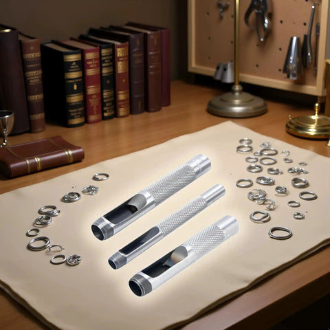 Pro Grade 3 Piece Leather Hole Punch Set With Steel Hollow Punches For Grommets 1/4 Inch, 3/8 Inch, 1/2 Inch on workspace