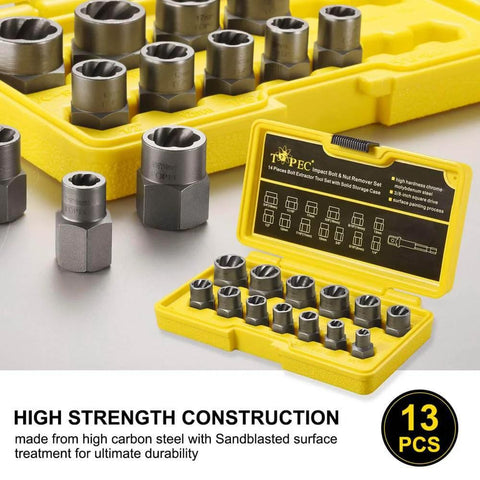 Beast Of A Impact Bolt And Nut Remover Set Thirteen Plus One Piece Kit with 3/8 Inch Drive Extractor Sockets in yellow case
