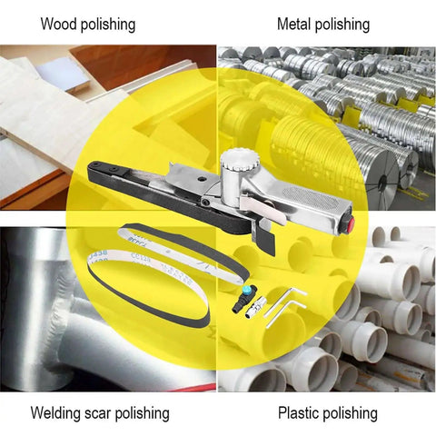 Collage image showing 20mm Pneumatic Air Belt Sander Polisher for metal, wood, plastic with ergonomic handle and speed control.