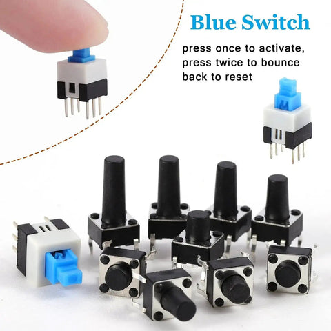 180-Piece Tactile Push Button Switch Kit With 10 Value Sizes 6x6mm To 7x7mm, blue and black 4-pin switches shown