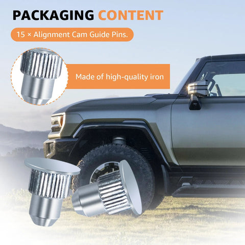 15 Pcs Camber Alignment Guide Pins Set For Silverado Sierra Tahoe Suburban Yukon Escalade Hummer H2 H3 Suspension Systems Durable Zinc Plated Iron Pins For Precise Wheel Camber Alignment And Easy Installation For Trail Ready Rigs shown with vehicle.