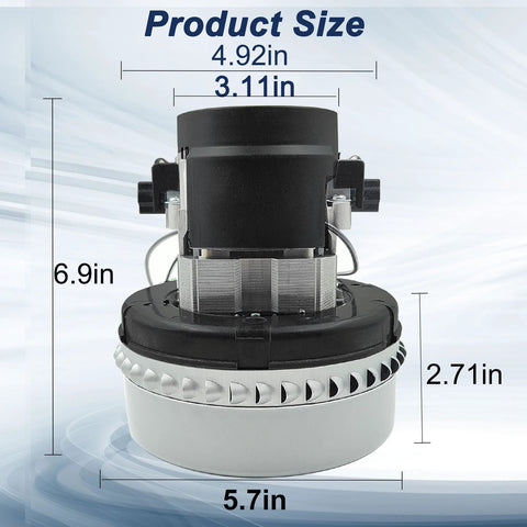 120V vacuum cleaner motor, 2-stage blower, black and silver housing with gasket, 5.7-inch diameter