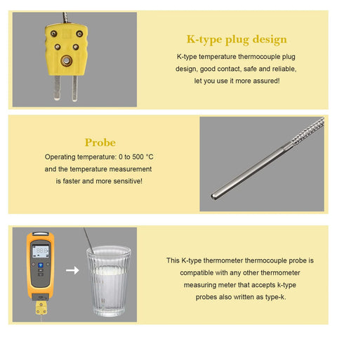 K-type thermocouple plug with yellow housing and two metal prongs

K-type thermocouple probe with stainless steel shaft and braided cable

Digital thermometer with K-type probe near a glass of water