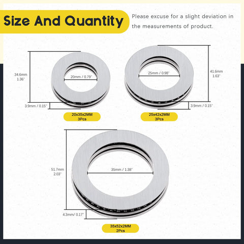 Mardatt thrust needle roller bearings with washers in chromium steel; sizes 20x35x2mm, 25x42x2mm, 35x52x2mm; 3, 3, 2 pcs
