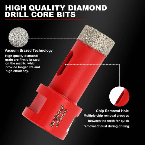 Diamond Hole Saw Kit 14 Piece Tile Drill Bit Set For Ceramic Porcelain And Granite Includes Diameters 6mm 8mm 19mm 25mm 35mm 51mm 75mm 100mm Plus Emery Chamferer Thumb Drill M14 Hex And SDS Accessories For Easy Cutting, close-up of red diamond drill core bit with 19mm size and chip removal hole.