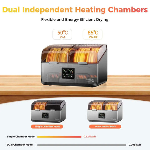 Filament Dryer For Four Spools With Space Pi X4 Storage Box Dual Independent Heating Chambers 85C Max Temperature on display