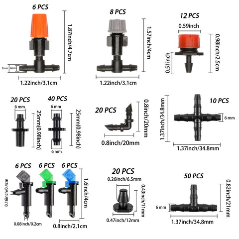 204-Pieces barbed irrigation fittings kit for 1/4 in tubing; Amazon Lawn & Patio with straight, tees, elbows, end plugs.