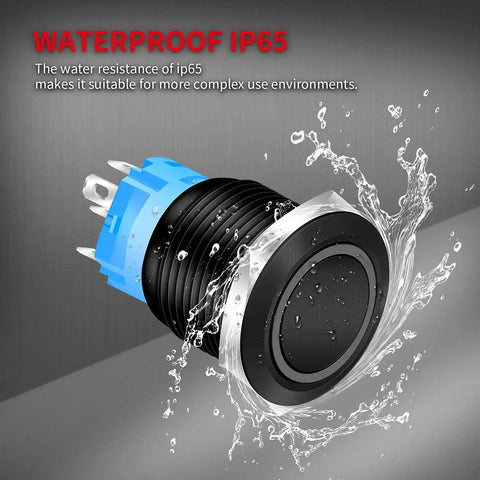 19mm 12V Latching Push Button Switch With Blue LED Light Waterproof Marine Grade On Off Prewired Button IP65 Rated