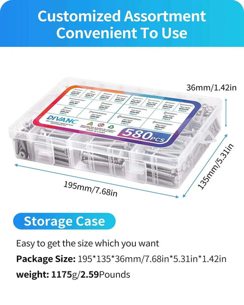 580 Piece Stainless Steel Wood And Sheet Metal Screw Set in storage case with sizes M3 to M6