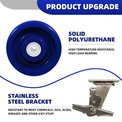 Stainless Steel 5 Inch Heavy Duty Caster Wheels With Anti Corrosion Rust Proof Design Blue Solid Polyurethane Wheel Built To Last Industrial Caster With 1000 Lb Capacity Per Caster Ideal For Food Processing And Pharmaceutical Labs One Brake Included, showing blue polyurethane wheel and stainless steel bracket.