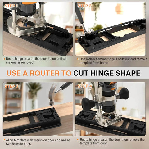 Steps for using Hinge Mortiser Kit For Doors And Frames, Pro Grade Door Hinge Jig for Quick Install, includes router and guide