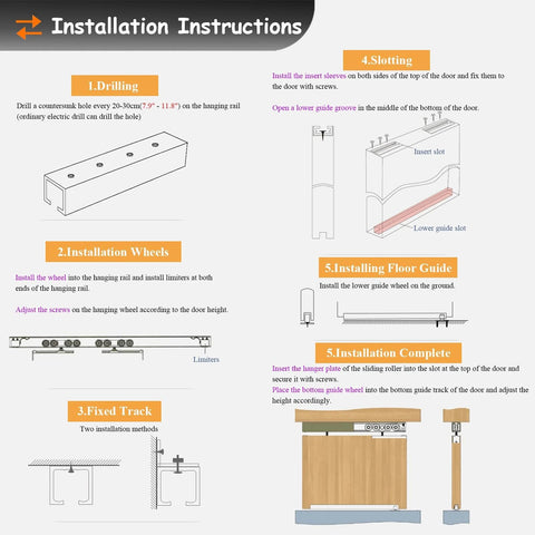 Installation instructions for Whisper Quiet Double Track Sliding Barn Door Hardware Kit with Ceiling Mount Rail System.