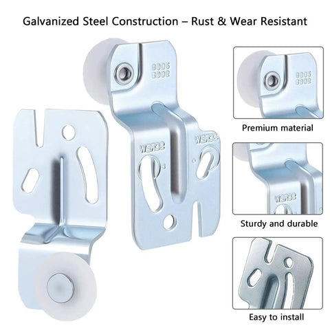 8 Pcs Top Hung Sliding Closet Door Roller Kit With 7/8 Inch Wheel Diameter For Doors 3/4 To 1-3/8 Inch Thick Durable Galvanized Hardware Set For Precise Fit And Front 1/4 Inch Rear 1/2 Inch Offsets, showing galvanized steel construction with wheels, side and front view.