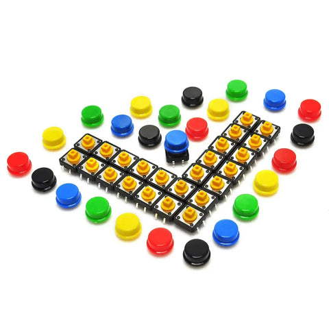 12x12x7.3mm Tactile Push Button Momentary SMD PCB Switch With Color Cap for Arduino Pack of 25, colorful caps displayed