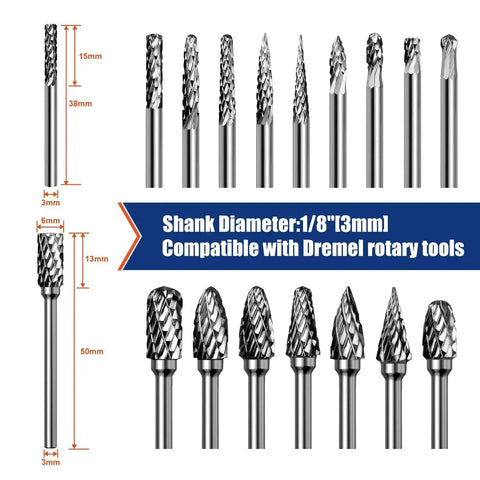 Twenty Piece Carbide Burr Bits Set For One Eighth Inch Shank Rotary Tools With Double Cut Design Compatible With Dremel And Milwaukee Die Grinder Bits For Metal Wood Stone Plastic Carving Cutting And Grinding In Tight Spaces display