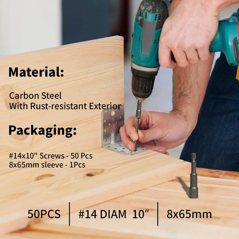 50 Pack 10 Inch Structural Wood Screws Size 14 By 10 Beefy Heavy Duty Exterior Timber Screws With Green Anticorrosion Coating Washer Head Rust Resistant Hex Socket Included For Exterior Projects shown being used in a timber construction project with a drill.