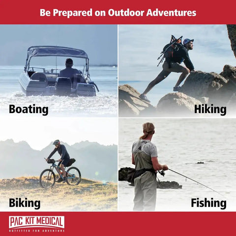Collage of boating, hiking, biking, and fishing for Watertight Explorer 67-Piece Outdoor First Aid Kit For Hiking And Camping