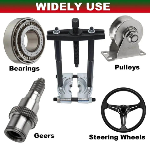 Beefy Bearing Puller Set 14-Piece With 5 Ton Capacity And 2-Inch And 3-Inch Jaws shown with compatible bearings, pulleys, gears, steering wheels