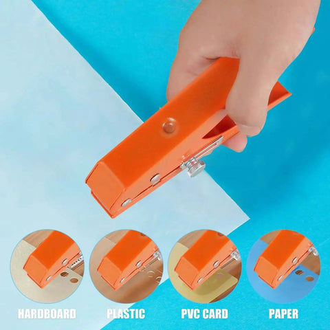 Handheld Single Hole Puncher for Paper and PVC with 5/16 Inch Punch and Limiter, shown punching paper, orange zinc alloy tool