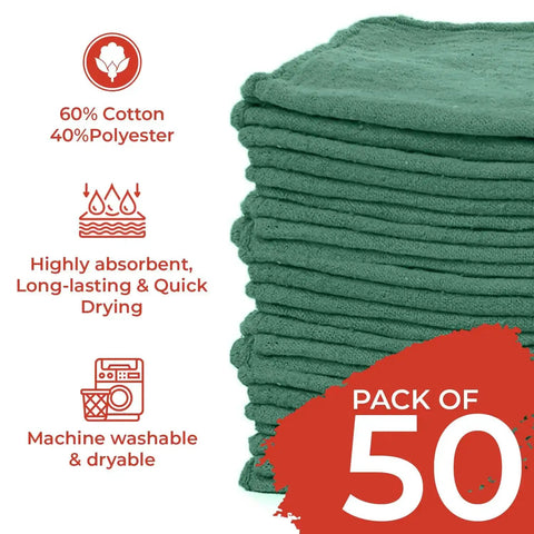Heavy Duty Shop Towels 50 Pack Green Terry Cloth Rags For Car Detailing And Home Cleaning Highly Absorbent Reusable Washable Towels