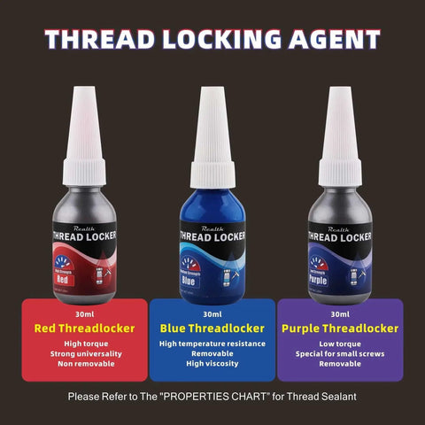 Image of 3 Pack Thread Locker Set 10ml Each Red Purple Blue High Medium Low Strength with bottles for metal fasteners.