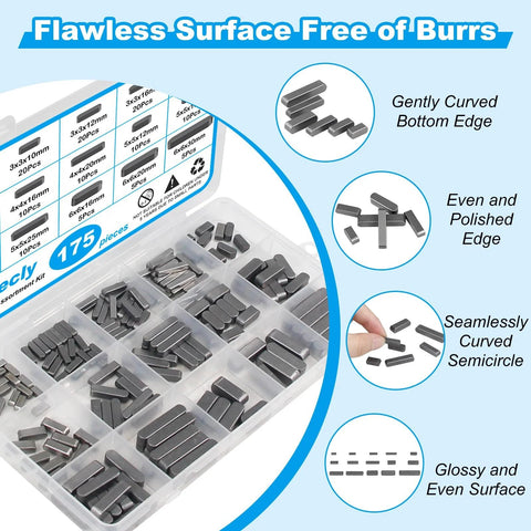 Woodruff Key Stock Assortment Kit With 175 Pieces In 15 Popular Sizes Carbon Steel Round Ended Feather Keys For Parallel Drive Shafts