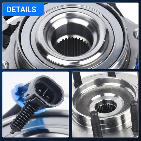 Close-up view of RWD Front Wheel Bearing And Hub Assembly For 2001-2007 Chevy Silverado 1500 HD 2500 3500 Avalanche Suburban Yukon XL 2500 And GMC Sierra 1500HD 2500HD 3500 8 Lug With ABS showing details and connectors.