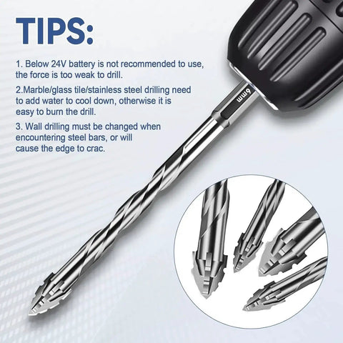 Close-up of a Six Piece Four Flute Sawtooth Eccentric Twist Drill Bit Set for Concrete Masonry and Multi Material Use Hex Shank Short Bits
