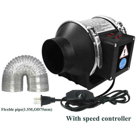 Powerful 3 Inch Duct Fan With Speed Controller Delivers Up To 200 Cubic Meters Per Hour Airflow shown with flexible pipe and plug