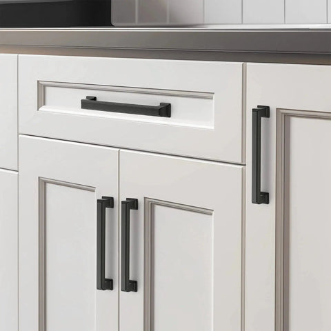 Matte Black Cabinet Pulls 5 Inch 128mm Hole Centers Zinc Alloy Drawer Handles for Kitchen Cabinets installed on white cupboards