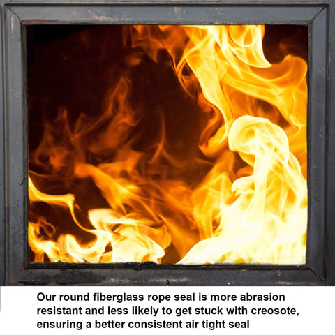 Boao wood stove door gasket on a black stove door with glass viewport and orange flames.
