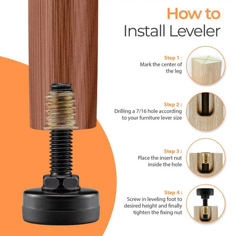 Installation guide for Eight Pack Adjustable Furniture Leveling Feet With M8 ISO Thread 1.8 Inch Tall 1 Inch Base Nuts And Felt Pads Included Black No Wobble Desks Tables And Chairs