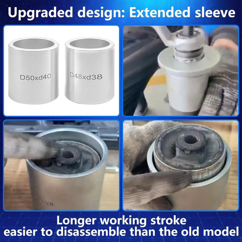 Close-up of Universal Pull and Press Sleeve Kit with 30 Sleeves, showing extended sleeve design and installation on car part