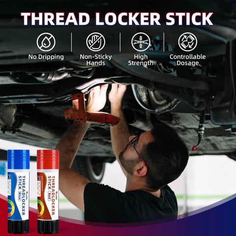 Mechanic using 19g Medium Strength Blue Threadlocker Stick For Permanent Bolt And Nut Locking In Automotive And Machinery Repair With Clean Easy Application Delivers Strong Vibration Resistance For Valve Cover Bolts Water Pump Fasteners Oil Pan Hardware under a car
