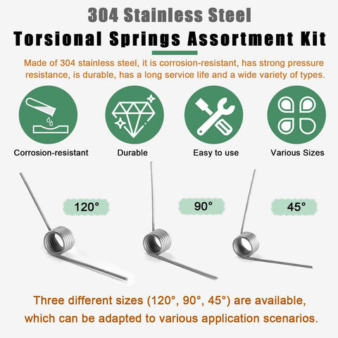 Torsional springs assortment kit, 304 stainless steel; three springs shown at 120°, 90°, and 45°.