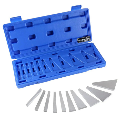 Ten Piece Precision Angle Block Set With Hardened Ground Steel And Light Magnetization Three Inch Long By One Quarter Inch Thick Blocks For Tooling And Inspection Accuracy 0.0001 Inch Per Inch And 30 Arc Seconds 1 To 5 Inch And 5 To 30 Degree Increments displayed in a blue case